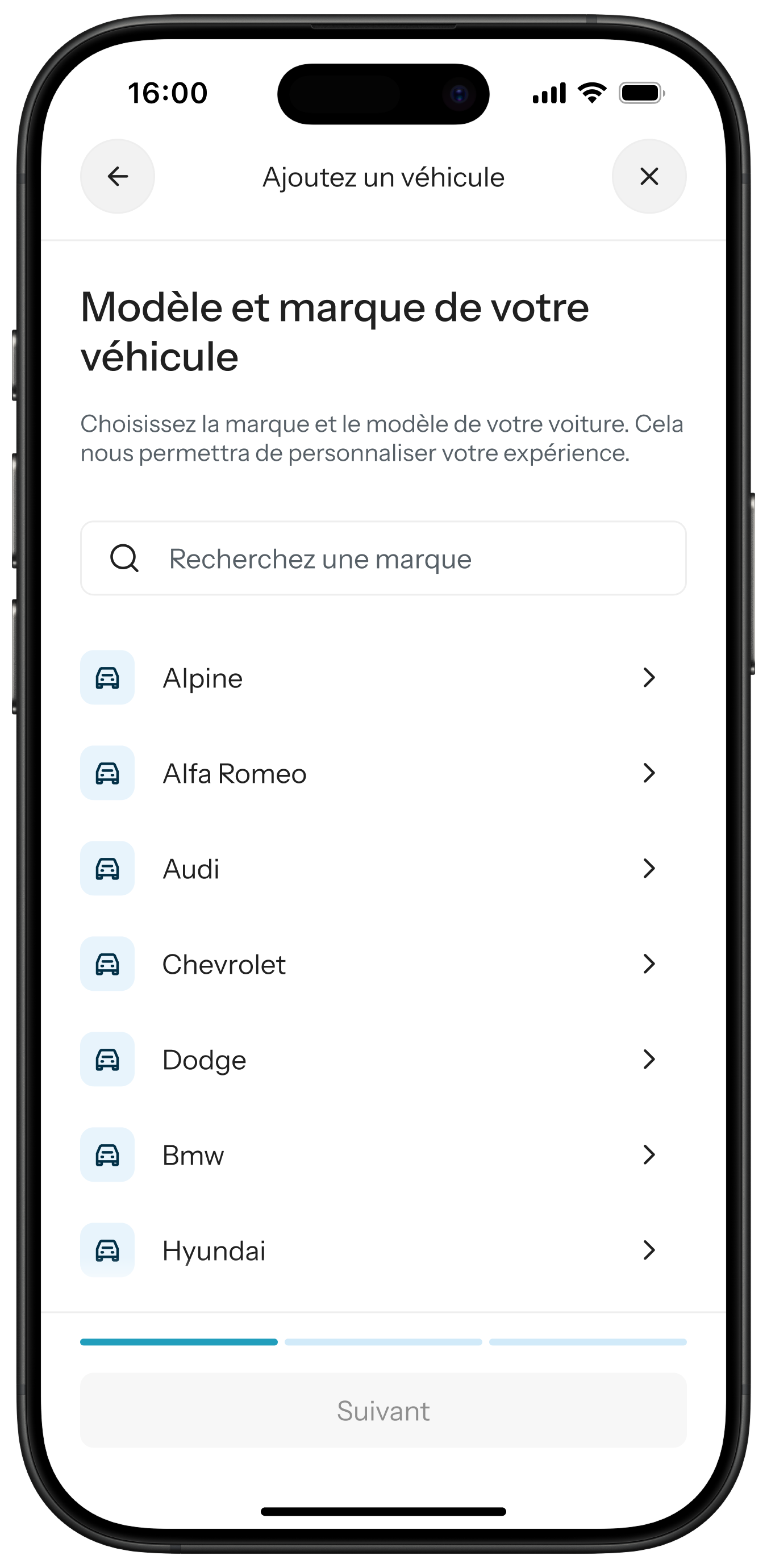 Écran pour ajouter son véhicule